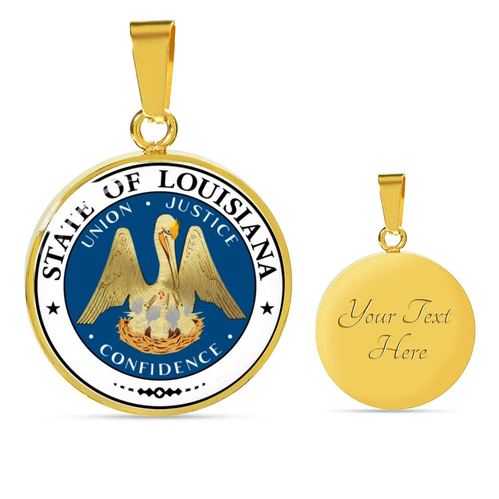 Louisiana State Seal Personalized Engraved Gold Circle Necklace Custom Name Dat